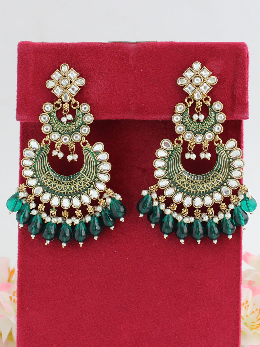 Yellow Green Meenakari Chandbali Jhumki Earrings Set - Charming Jewelry -  3308620